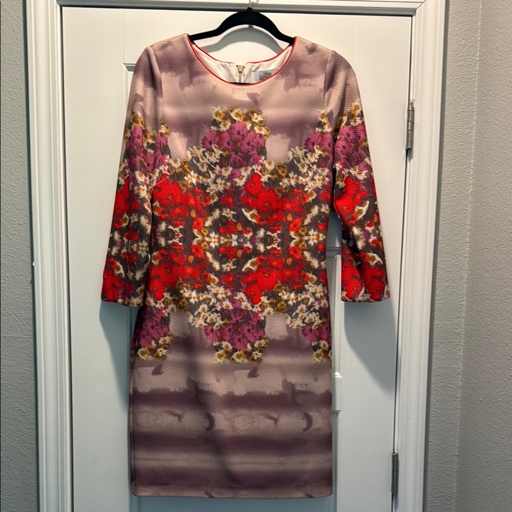 Badgley Mischka Pink Sheath Dress 3/4 Sleeve Crew Neck